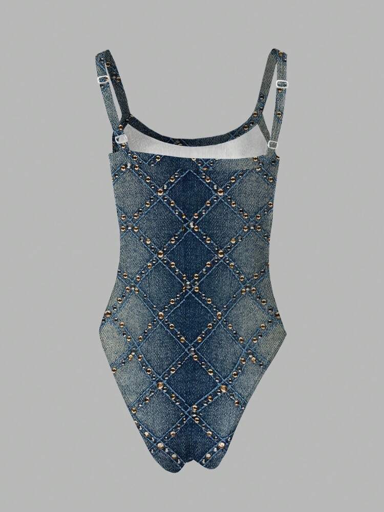 Rovax Body de efecto de mezclilla con estampado sexy y de moda para mujer, para el verano - Multicolor - Añade 2