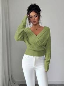 SHEIN Elenzya 女士时尚优雅纯色V领露背毛衣 - 綠色 - 查看 3