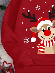 Sweatshirt Natal untuk Anak Laki-laki Remaja, Merah, Musim Gugur, Lucu, Set Seragam Keluarga dan Saudara, Motif Rusa Kartun, Potongan Longgar, Leher Bulat Tebal, Lengan Panjang, Atasan Hangat - Merah - View 7