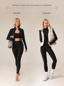 FeatherFit™-Slim-It Warm It's Chilly 羊毛衬里修身夹克 带拇指孔 秋冬瑜伽日常休闲 - 黑色 - 查看 2