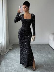 Elenzga 优雅休闲性感长裙，圆领，长袖，金属面料，腰部设计，露背，蝴蝶结，撞色拼接，适合派对和约会 - 黑色 - 查看 7