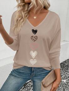 EMERY ROSE Women's V-Neck Heart Print Long Sleeve T-Shirt, New Arrival For Autumn/Winter - Multicolor - View 4