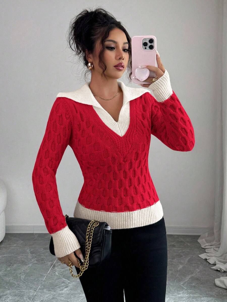 Elenzga Women's Autumn/Winter New V-Neck Patchwork 2 In 1 Fashionable Design Elegant Daily Commute Fitted Patterned Pullover Sweater - Red - View 1