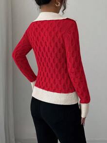 Elenzga Women's Autumn/Winter New V-Neck Patchwork 2 In 1 Fashionable Design Elegant Daily Commute Fitted Patterned Pullover Sweater - Red - View 2