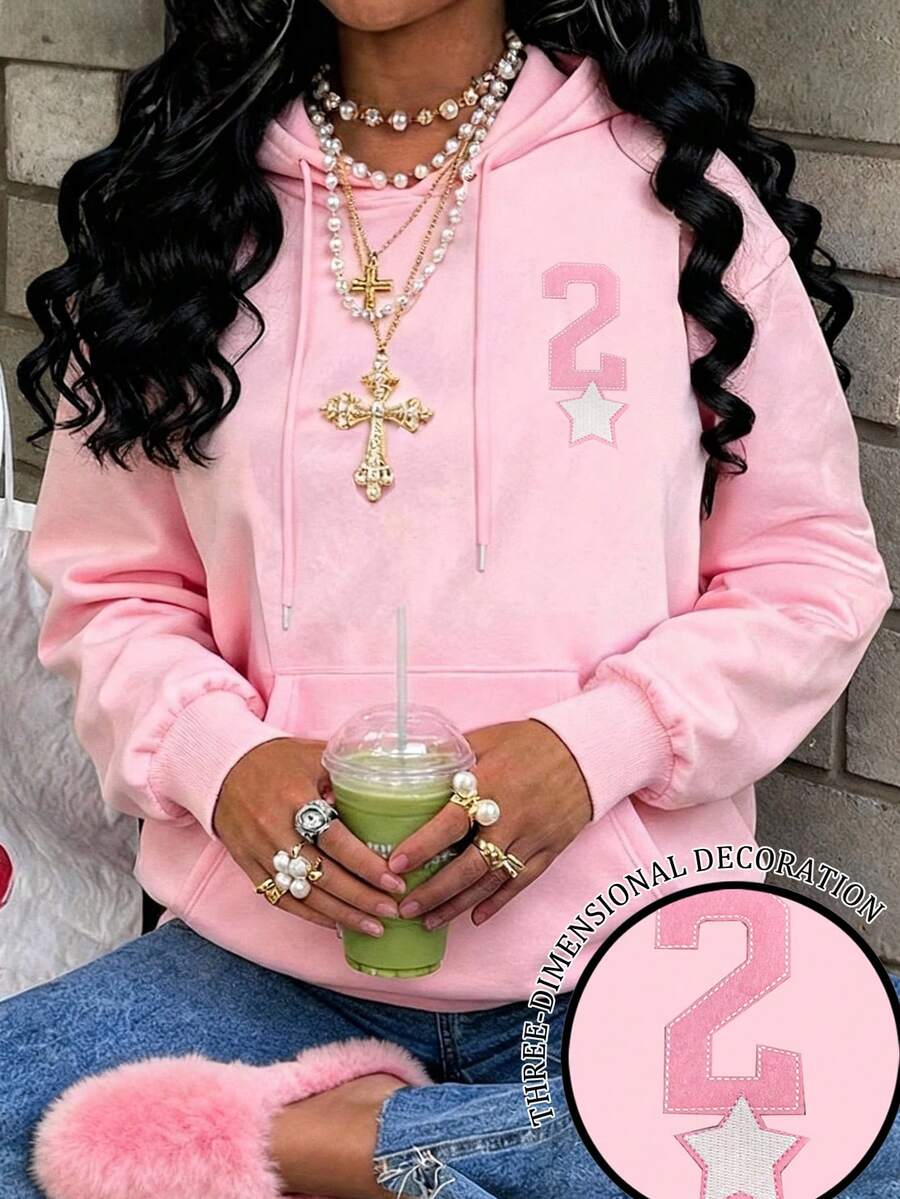 Rovax Women's Casual Letter Patch Drawstring Sweatshirt, Autumn - Pink - View 1