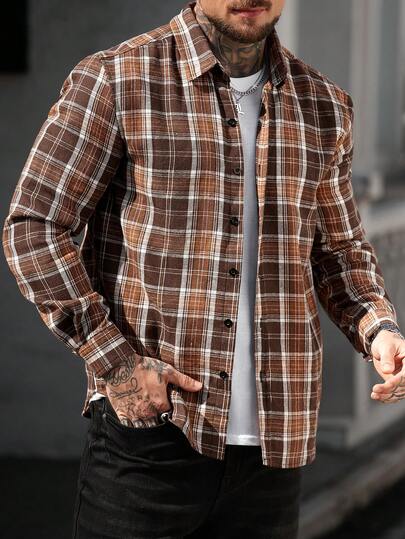 Manfinity CasualCool Men's Casual Commuting School Style Patterned Print Long Sleeve Shirt, Spring/Autumn Men Shirts Streetwear Rust Color Mens Shirt Mens Shirt Grunge