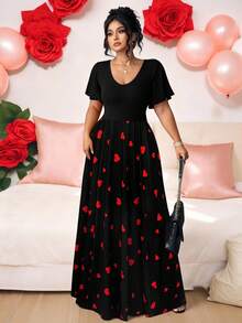 Elenzga Plus Size Elegant Minimalist Holiday Party Ruffle Sleeve Fitted Knit Dress - Black - View 3