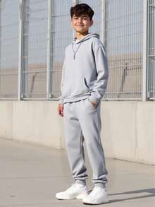Vacaura 2pcs/Set Teenage Boys Casual Outdoor Hoodie Sweatshirt And Drawstring Sweatpants, Grey, Autumn/Winter Fall