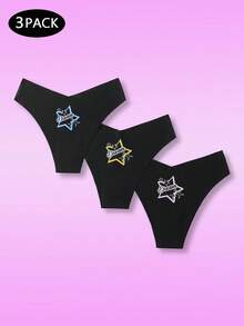 Notgurli 3pcs/Pack Black Seamless V-Shape Star Print Adhesive Panties