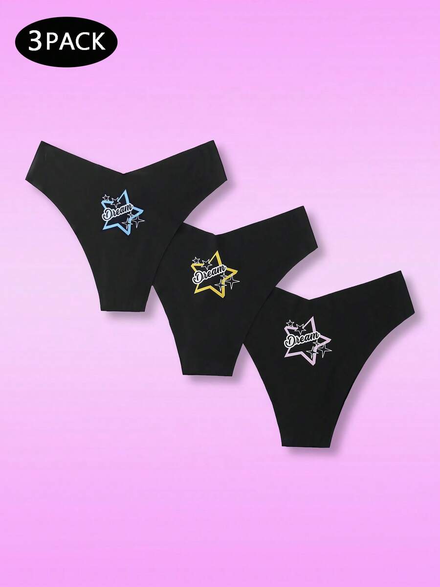 Notgurli 3pcs/Pack Black Seamless V-Shape Star Print Adhesive Panties