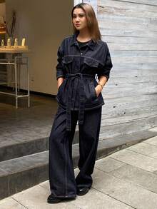 DAZY Women's Drop Shoulder Long Sleeve Single-Breasted Belt Design Jacket And Pants Casual Denim Suit - Navy Blue - View 6