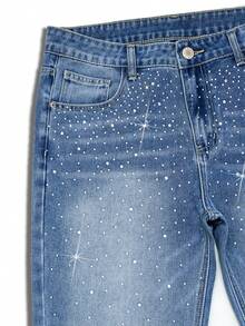 Manfinity Homme Men's Fashionable Blue Straight Leg Pants With Pockets And Rhinestone Design - Light Wash - View 4