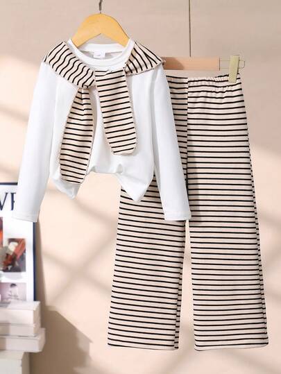 Girls Preppy Casual Solid Color Turtleneck Long Sleeve Top And Striped Wide Leg Pants Set With Striped Shawl