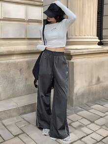 Pantalones Largos Casuales Con Cordón Y Rayas Laterales Para Mujer, Estilo Y2k - Gris - Ver 4