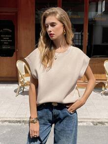 SHEIN Frenchy Women's Casual Knit Top With Bow Tie Back And Short Sleeves,Winter,Summer, Christmas, New Year,Party, Elegant, Back Bow Tie Design Top - Apricot - View 7
