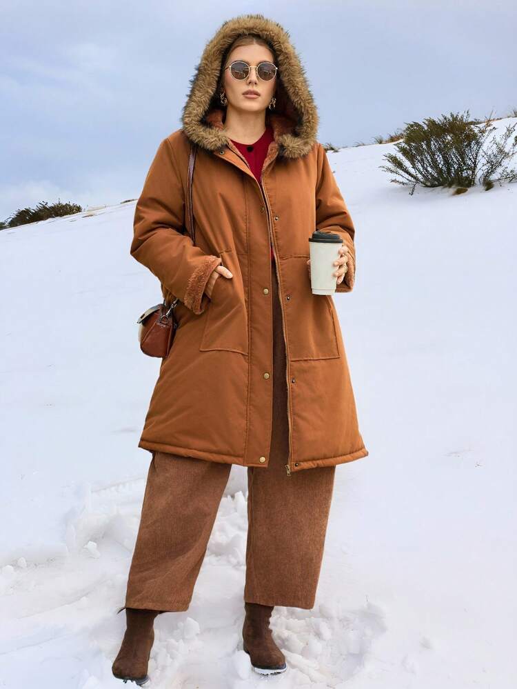 Plus Size Women Winter Country Casual Vacation Street Fashion Casual Solid Color Long Sleeve Brown Faux Fur Collar Patchwork Hooded Knee-Length Padded Coat With Pockets, Winter,Christmas,New Year, Winter Coat Outerwear,Going Out,2025 New,Simple And Fashionable For Everyday Wear,Christmas,New Year,Halloween Women,Thickened Fleece Warm Coat,Winter,Thanksgiving