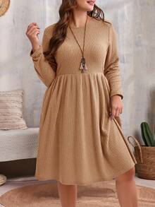 EMERY ROSE 大码纯色圆领口袋休闲长袖秋季连衣裙 - 棕色 - 查看 3
