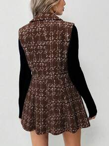 Elyressa 女士秋季格子翻领双排扣无袖外套和中长裙优雅套装 - 棕色 - 查看 2