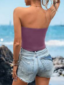 Sylviya Women Casual Solid Color Versatile Tube Top Bodycon Tee, Suitable For Summer Suitable For Going Out - Dusty Purple - View 2