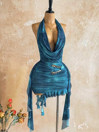 SHEIN x Eduarda Gutierrez Soleia Summer Outfits Vacation Outfits Women Carnival Women Women's Tie-Dye Print Ruched Neck Draped Ruched Sexy Halter Mini Dress