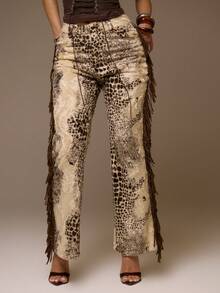 MUSERA 中腰仿马毛动物纹流苏喇叭裤，适合夜间外出、优雅性感派对场合以及夏季休闲穿着。 - 彩色 - 查看 2