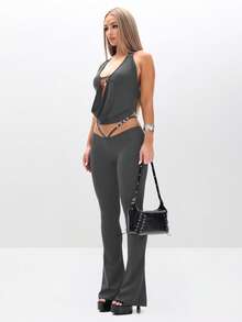 BABYPHAT Áo hở vai cổ yếm có logo khoét sâu có chi tiết dây đeo, thiết kế cắt xẻ cho câu lạc bộ tiệc tùng - Xám - Xem 2