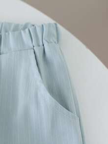 SHEIN 2pcs Young BoyRibbed Knit Collared Long Sleeve Shirt & Ribbed Woven Casual Pants Set, Spring/Autumn - Baby Blue - View 7