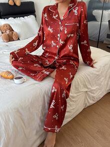 蝴蝶结波点仿丝绸女士长袖睡衣套装 - 紅色 - 查看 5