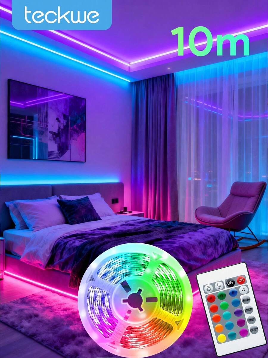 Teckwe LED 灯带，带 24 键遥控器的 RGB LED 灯带，用于家庭装饰，派对氛围灯，易于安装，庆祝氛围灯，客厅和卧室氛围灯 10 米/33 英尺圣诞礼物，秋冬季假期露营必备品度假配件，露营用品 - 白色 - 查看 1