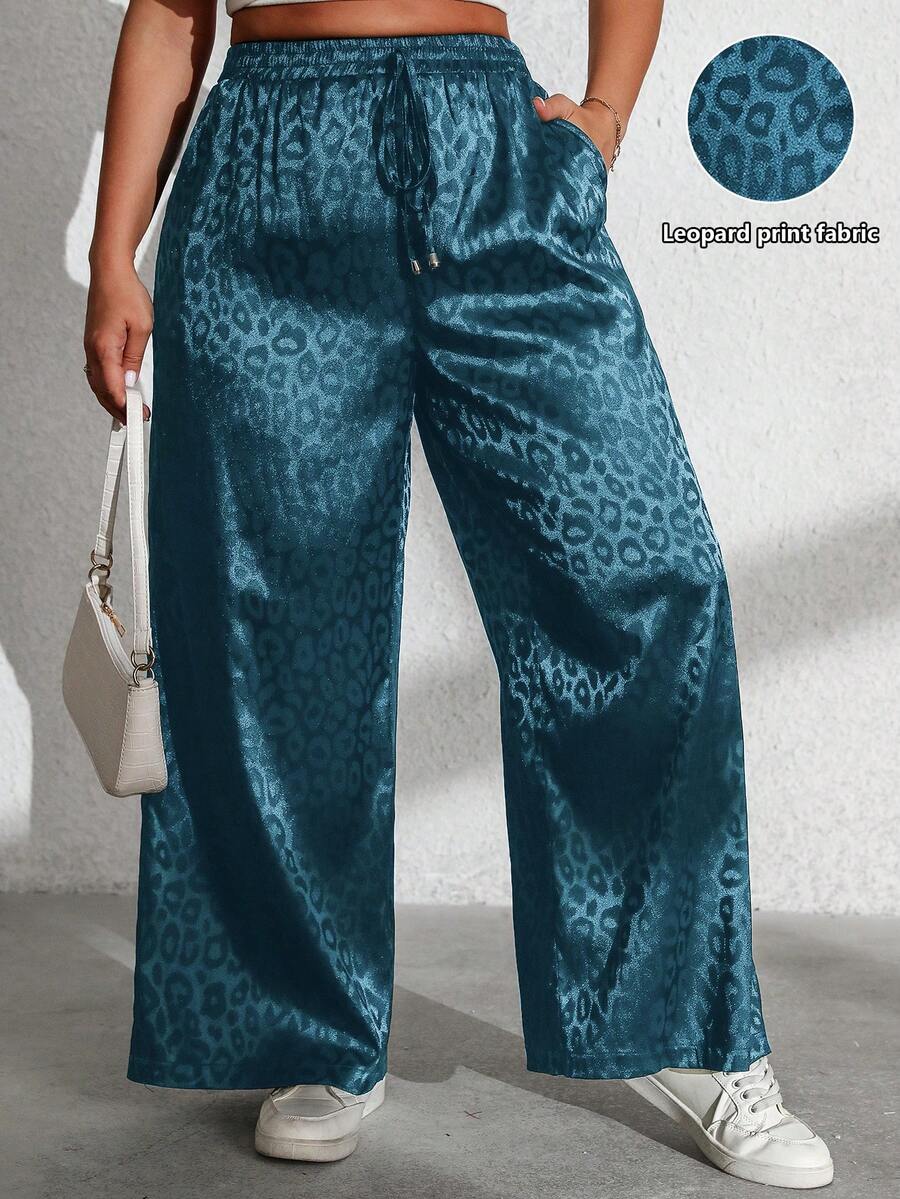 Vionelle 大码休闲日常豹纹抽绳腰宽松裤 - 藍色 - 查看 1