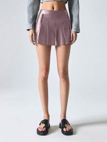 EURMUSE Women's Casual Fashion Street Chic PU Leather Pleated Hem Mini Skirt - Dusty Pink - View 3