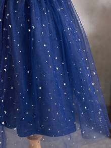 Young Girl Elegant & Cute Navy Blue Mesh Dress - Navy Blue - View 4