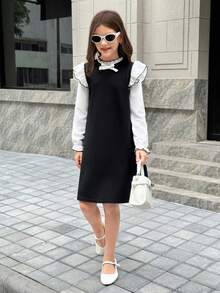 SHEIN 少女优雅蝴蝶结装饰撞色荷叶边下摆派对连衣裙，圣诞节及节日 - 黑與白 - 查看 3