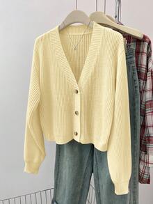 SHEIN 少女纯色V领短款休闲宽松落肩长袖开衫毛衣，秋季款 - 黃色 - 查看 3