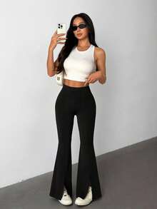 SHEIN PETITE 女士黑色针织紧身喇叭裤，百搭运动休闲风格，适合秋冬和春夏 - 黑色 - 查看 5