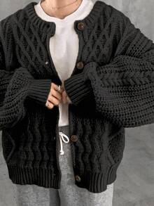 FRIFUL Áo khoác cardigan dệt kim dáng rộng tay dài trễ vai màu trơn, đơn hàng khuy, thu/đông cho nữ - màu đen - Xem 4