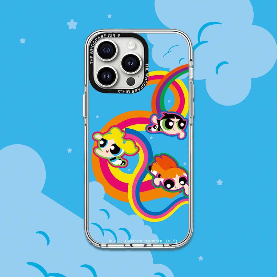 THE POWERPUFF GIRLS X SHEIN Capa protetora transparente bicolor para celular com estampa de desenho animado arco-íris, compatível com os novos iPhones 11/12/13/14/15/16 Pro Max. Disponível para homens e mulheres, ideal como presente de Natal. - Multicolorido - Ver 1