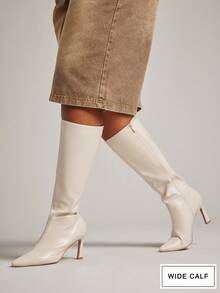 SHUZIA Women's Wide-Calf Sexy Point Toe Comfortable Zip-On Stiletto Heel Faux Suede Mid-Calf Boots For Christmas - White - View 5