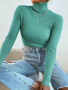 Mulvari Jersey de punto acanalado de cuello alto, manga raglán y ajustado de color liso