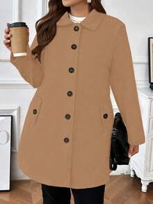 大码女式纯色长袖单排扣休闲口袋羊毛大衣，秋冬款 - 卡其色 - 查看 5