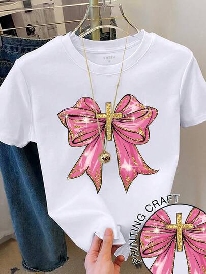 Resyla Women's Bow Print Short Sleeve Crew Neck T-Shirt