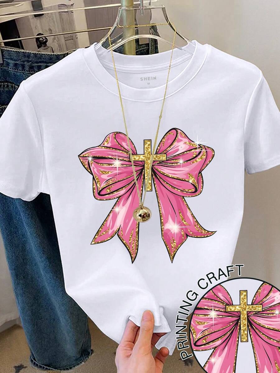 Resyla Women's Bow Print Short Sleeve Crew Neck T-Shirt - White - View 1