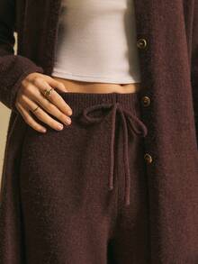 Poéselle 女士休闲纯色开衫和针织裤两件套，秋冬 - 棕色 - 查看 6