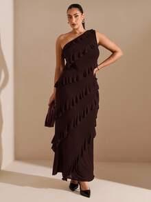 SHEIN BAE Plus Size Women Asymmetric Ruffle Hem Long Dress, Early Autumn - Coffee Brown - View 3