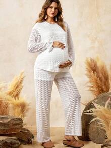 Boho Mama Maternity Two-Piece Set,Women's Boho Lace Textured Top And Pants Set,Adjustable Elastic Waistband,Holiday Birthday White Autumn Casual Matching Set - White - View 7