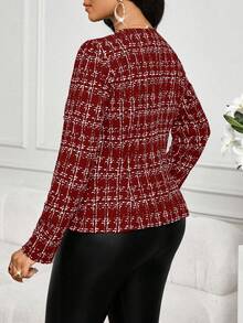 SHEIN Lady 2025新款大码优雅通勤纽扣装饰腰部长袖红色外套，春夏秋冬皆宜，优雅通勤办公彩色针织羊腿袖纽扣长袖大码外套，大码女式大衣，教师商务休闲女装，办公室女装，秋季女装外出商务休闲冬秋圣诞外套，新年感恩节女装，毕业典礼正式红色外套，时尚系列 - 酒紅色 - 查看 2