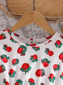 1pc Girls Rose Print Puff Sleeve Dress, Waist Ruffle Decor, New Style, Girls Dress, Suitable For Daily Wear