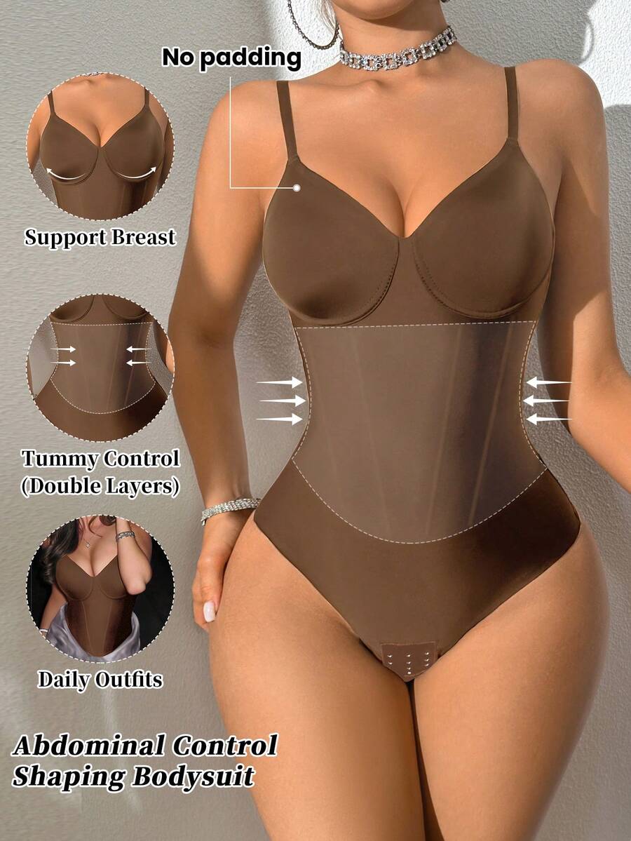 SHEIN 1pc Women Seamless Shapewear, Waist Cincher, Double Layer Firm Control, Comfortable Daily Wear With Snap Closure - Chocolate Brown - View 1