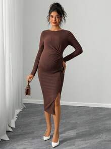 SHEIN Crew Neck Ruffle Trim Casual Long Sleeve Midi Dress, Ribbed Fabric, Autumn - Brown - View 6
