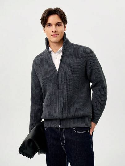 RONVEXI Men's Solid Color Minimalist Everyday Zip-Up Long Sleeve Knit Cardigan, Fall/Winter Men Zip Up Sweater Men Knit Cardigan